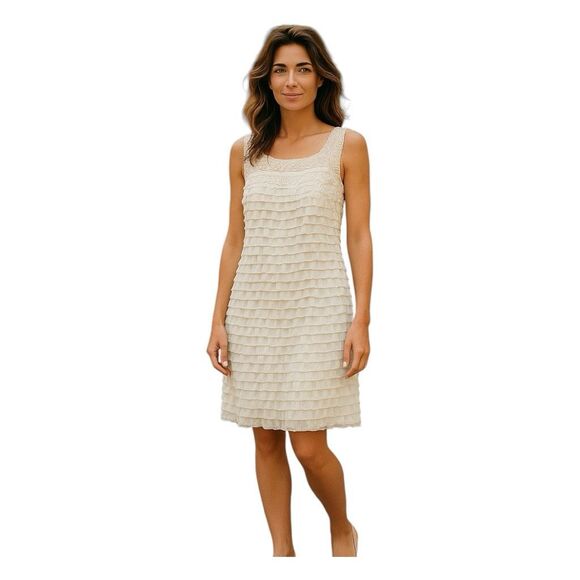 Signature Robbie Bee Tiered Ruffled Cocktail Dress Ivory Chiffon Midi Sleeveless - Picture 1 of 10